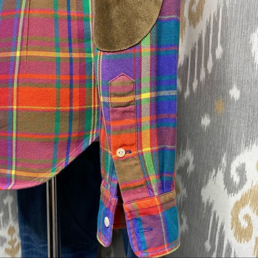 Ralph Lauren Bright Jewel-Tone Check Plaid Cotton Flannel Suede Patch Workshirt - Picture 14 of 16